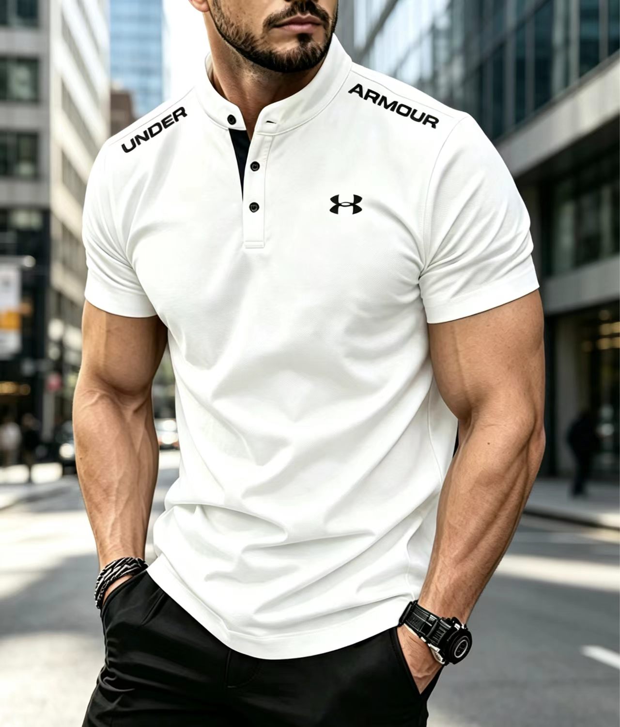 Elastic Slim Fit Cotton Polo Shirts Men Stand Collar Daily Sports Wear