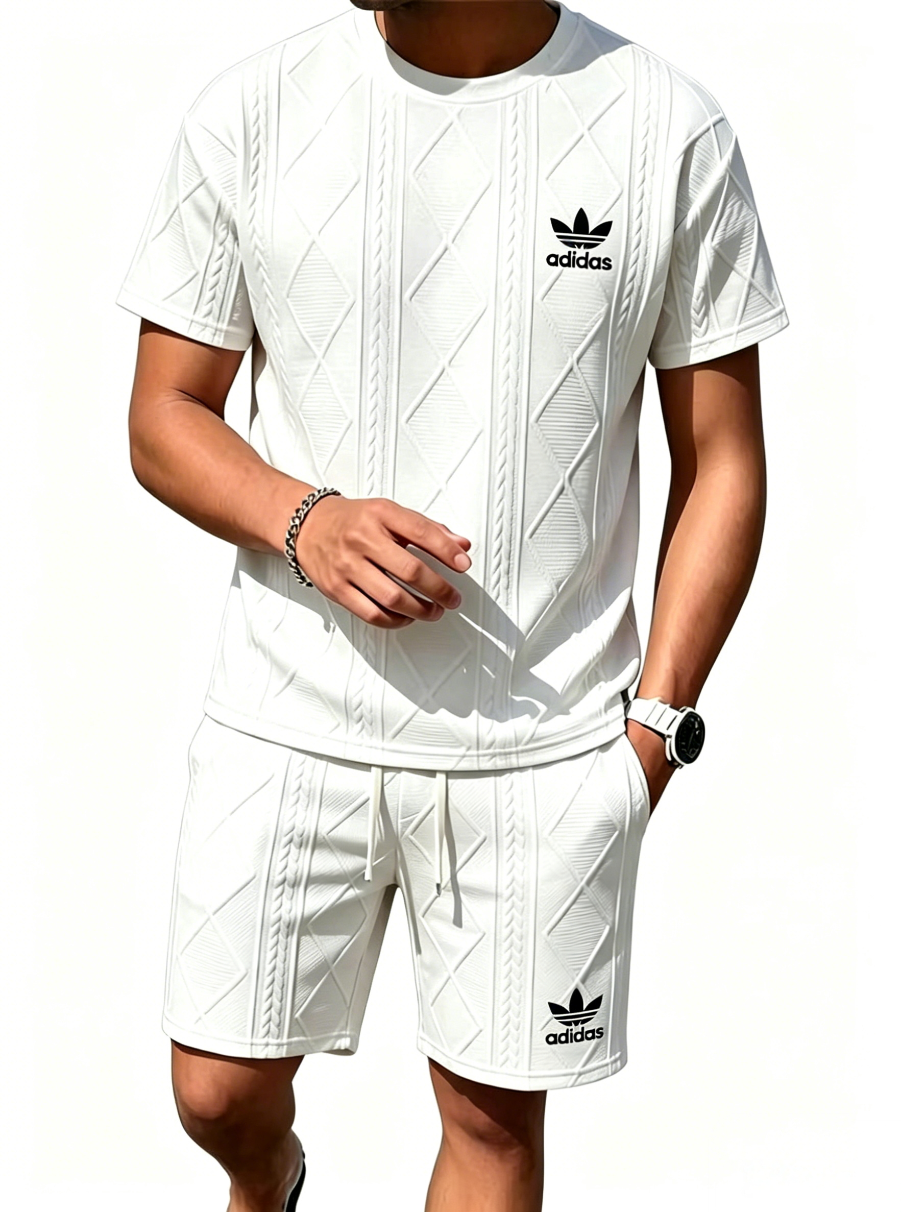 Adidas Trefoil Textured Short Sleeve & Short 2 Piece Tracksuit