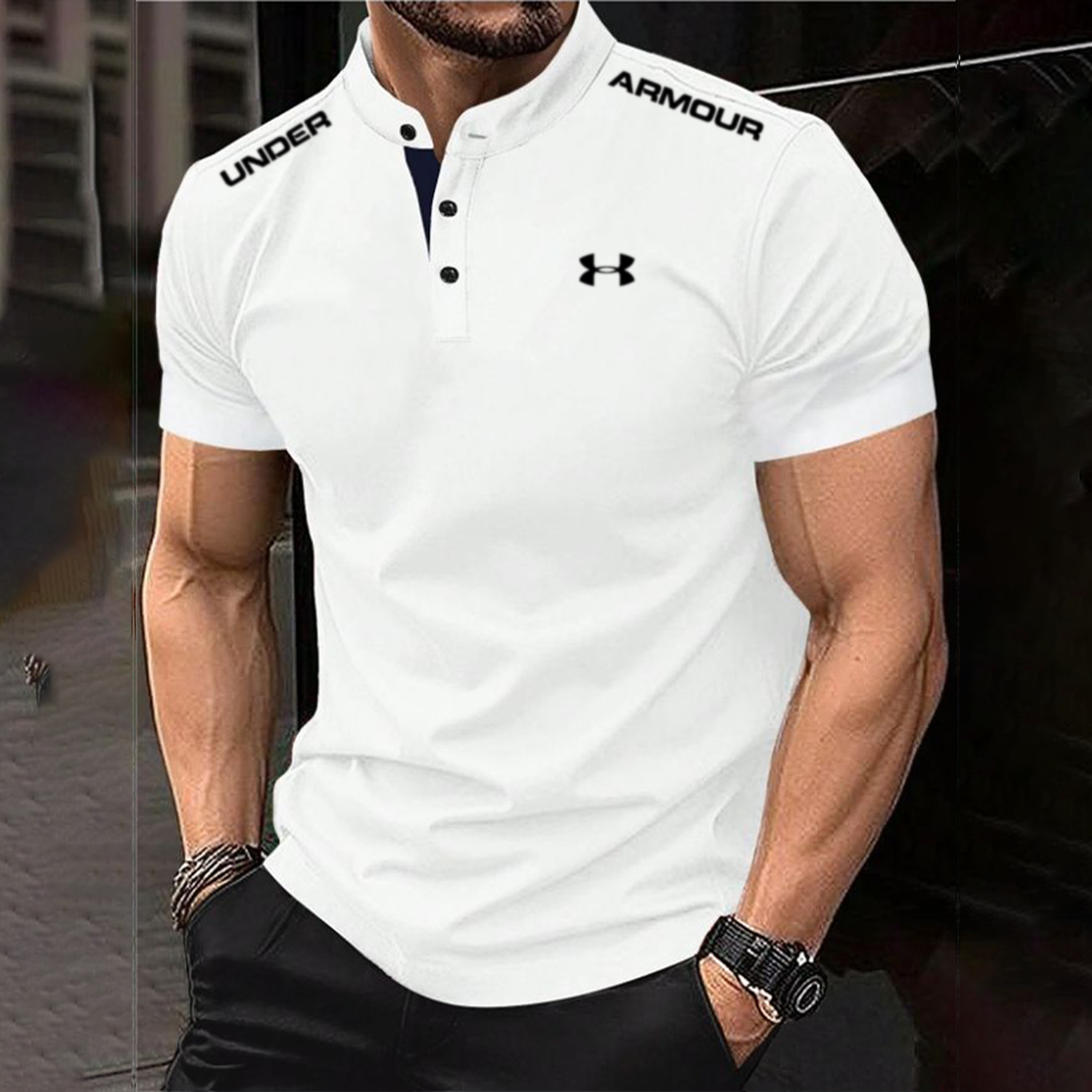 Elastic Slim Fit Cotton Polo Shirts Men Stand Collar Daily Sports Wear
