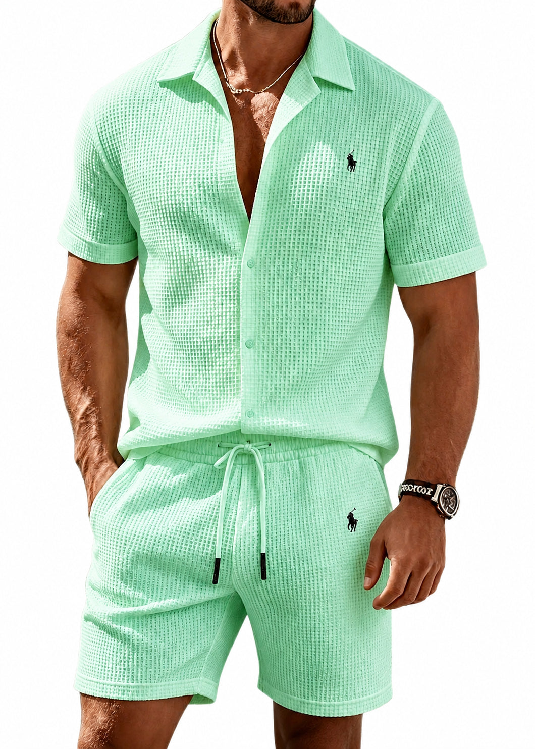 🔥 Men’s Waffle Textured Open Collar Shirt & Drawstring Shorts 2 Piece Set!
