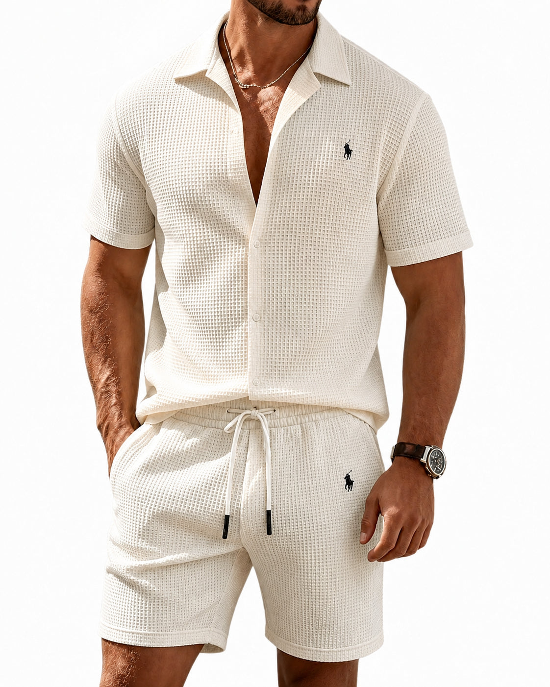 🔥 Men’s Waffle Textured Open Collar Shirt & Drawstring Shorts 2 Piece Set!