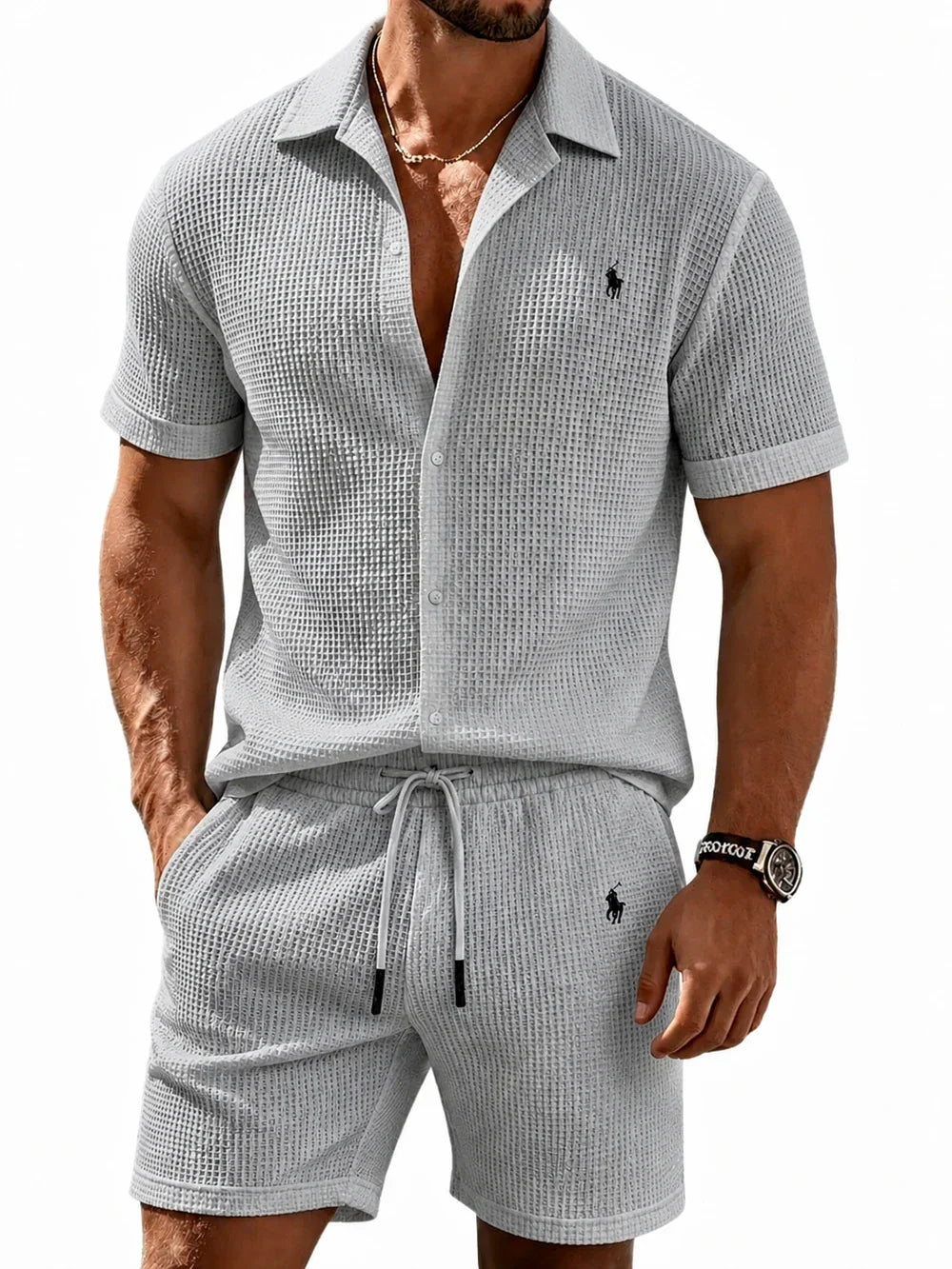 🔥 Men’s Waffle Textured Open Collar Shirt & Drawstring Shorts 2 Piece Set!