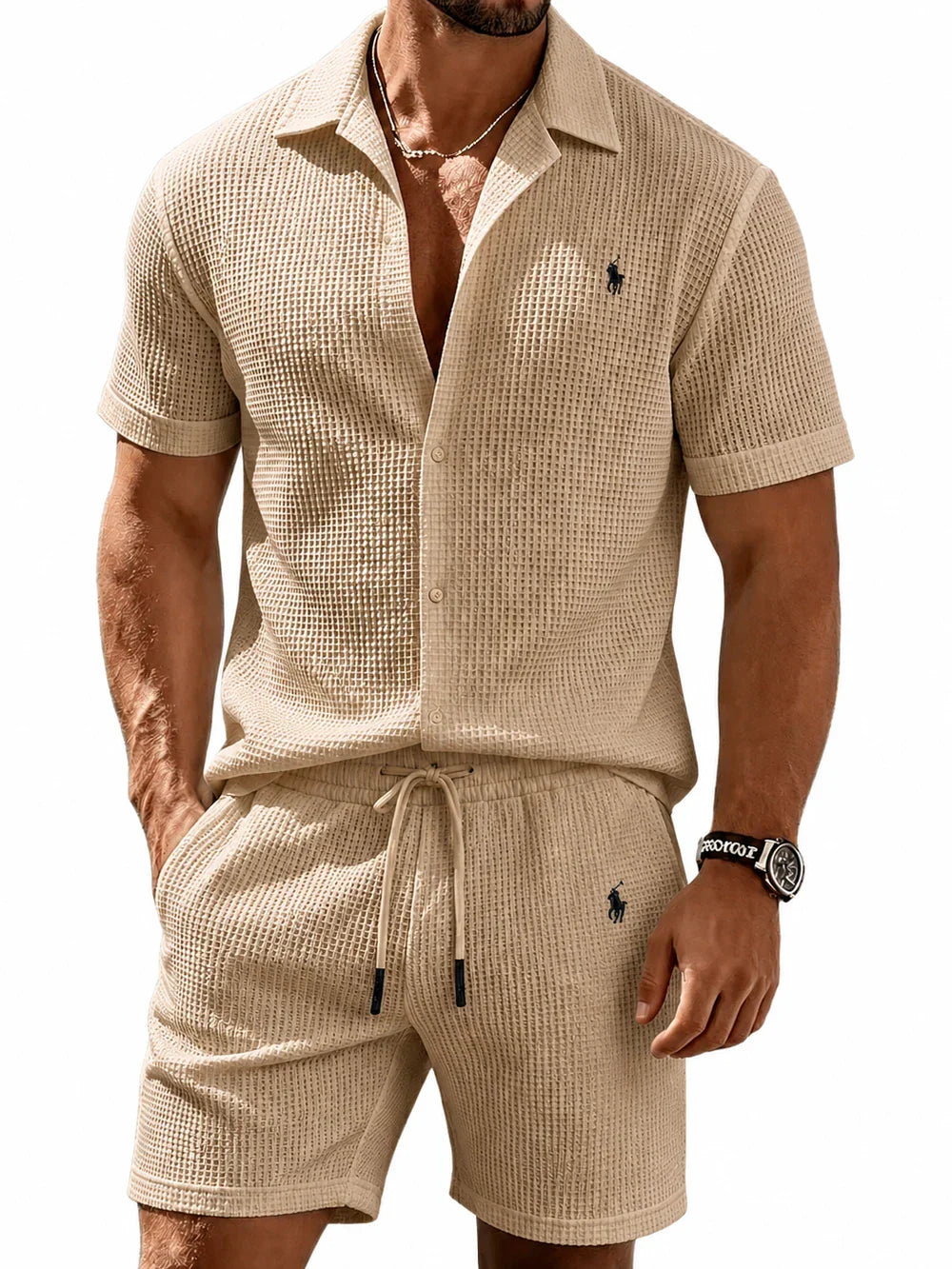 🔥 Men’s Waffle Textured Open Collar Shirt & Drawstring Shorts 2 Piece Set!