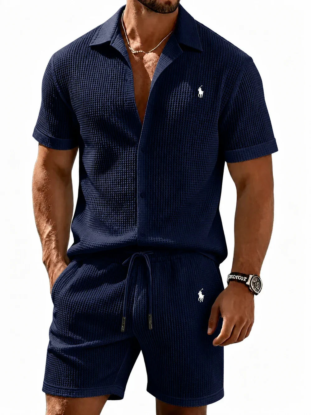 🔥 Men’s Waffle Textured Open Collar Shirt & Drawstring Shorts 2 Piece Set!