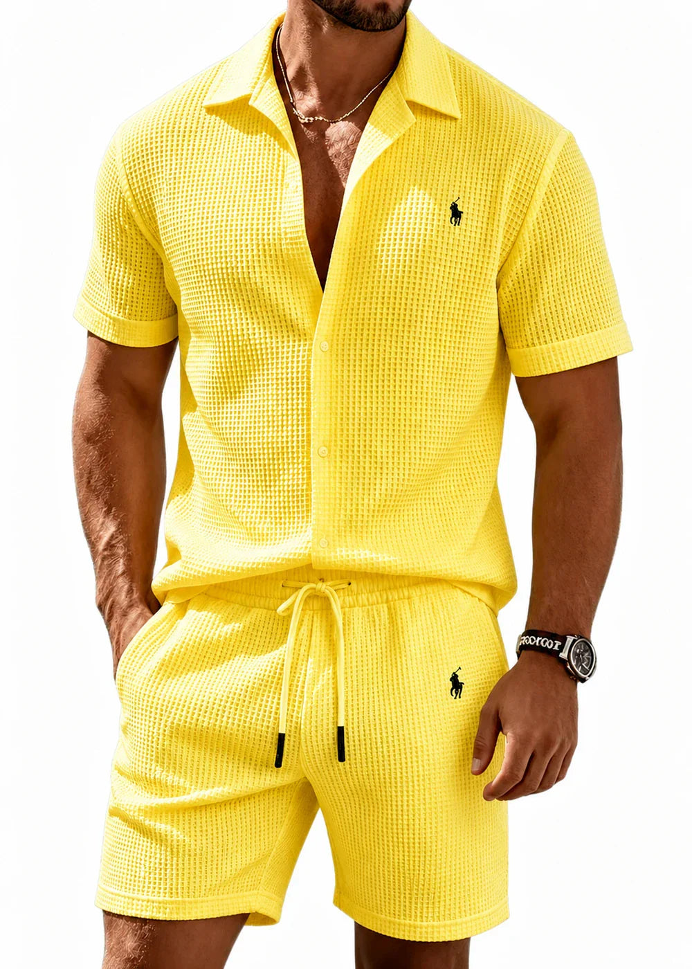 🔥 Men’s Waffle Textured Open Collar Shirt & Drawstring Shorts 2 Piece Set!