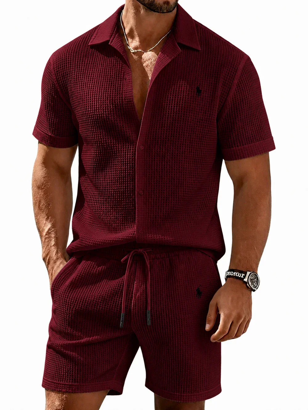 🔥 Men’s Waffle Textured Open Collar Shirt & Drawstring Shorts 2 Piece Set!