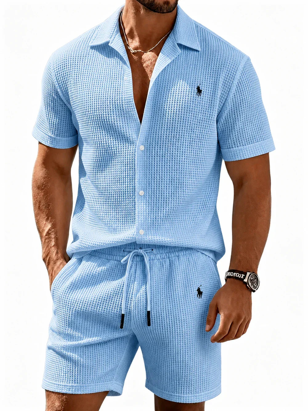 🔥 Men’s Waffle Textured Open Collar Shirt & Drawstring Shorts 2 Piece Set!