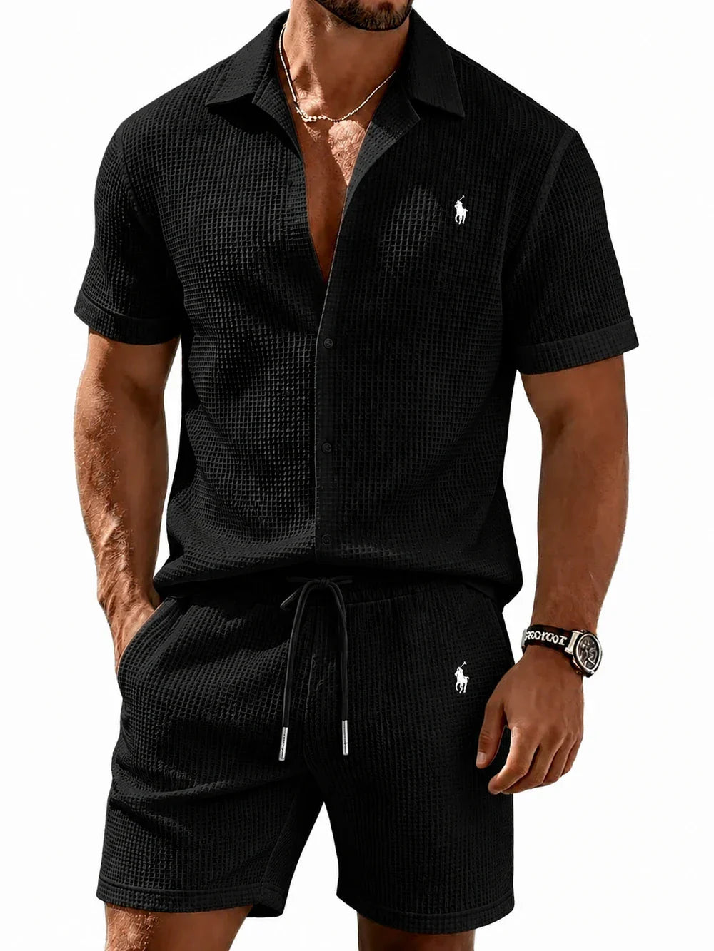 🔥 Men’s Waffle Textured Open Collar Shirt & Drawstring Shorts 2 Piece Set!
