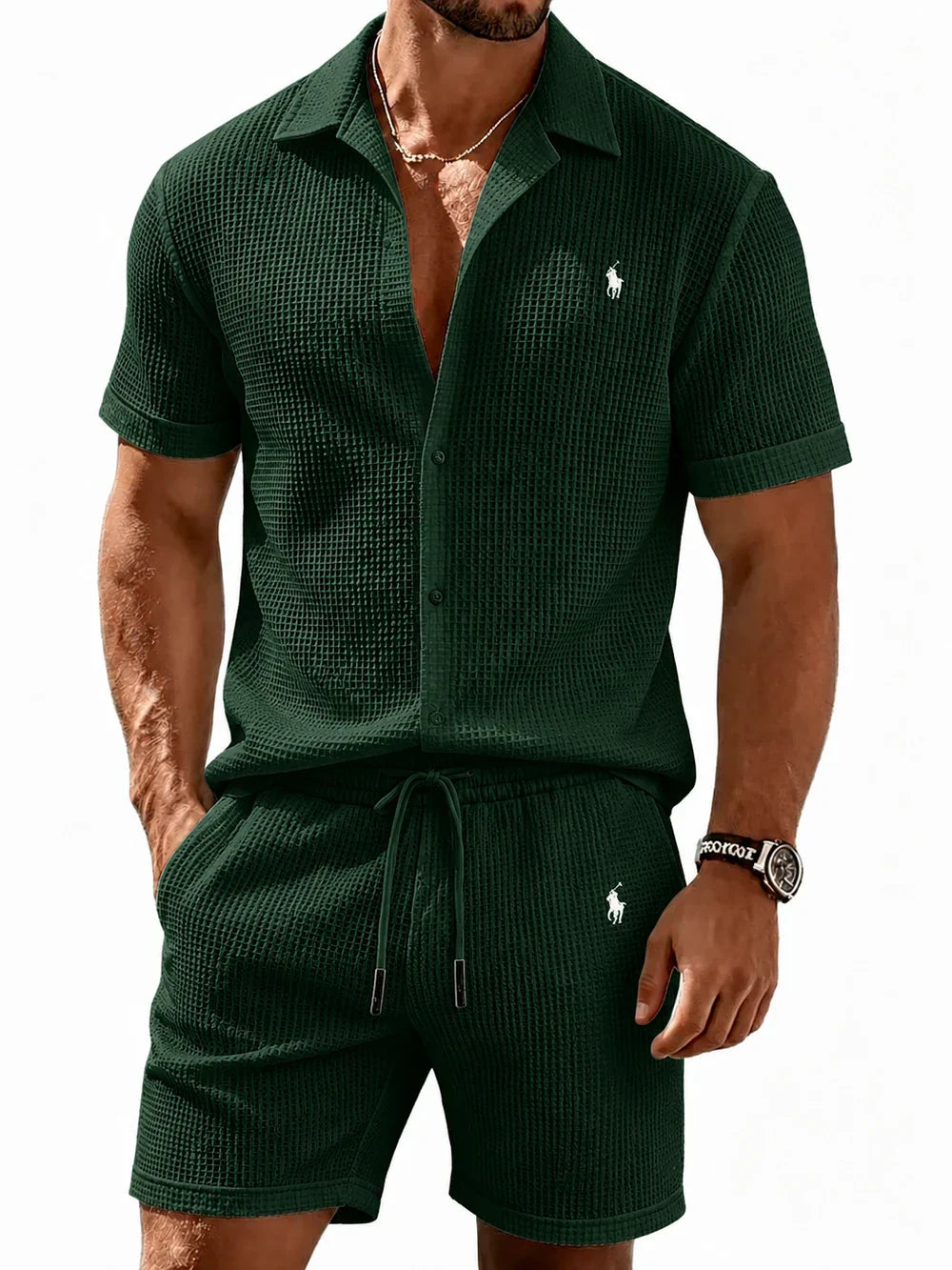 🔥 Men’s Waffle Textured Open Collar Shirt & Drawstring Shorts 2 Piece Set!