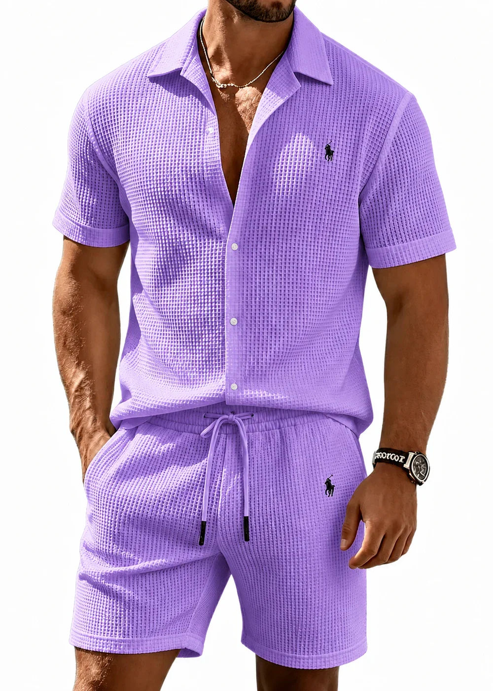 🔥 Men’s Waffle Textured Open Collar Shirt & Drawstring Shorts 2 Piece Set!