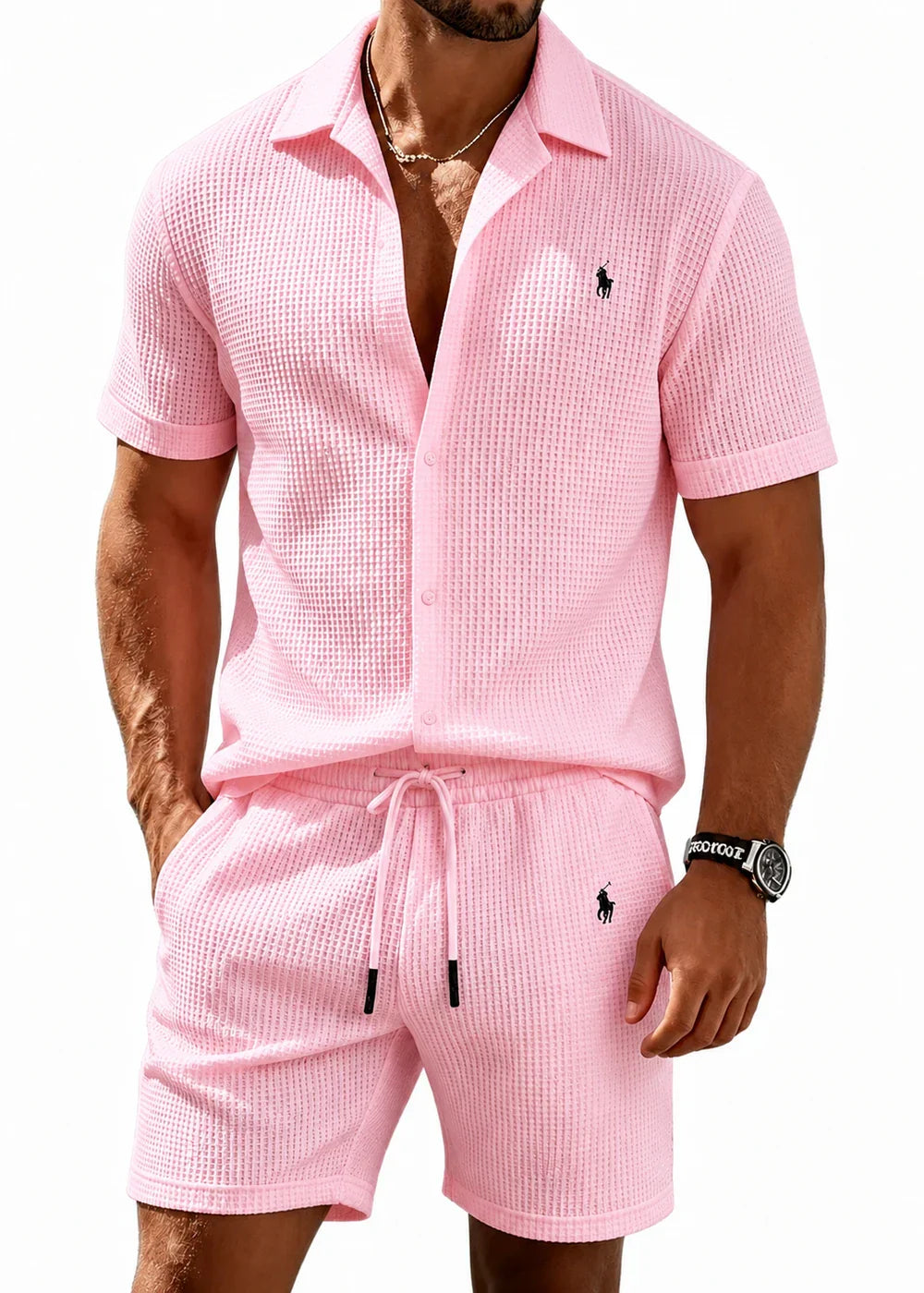 🔥 Men’s Waffle Textured Open Collar Shirt & Drawstring Shorts 2 Piece Set!