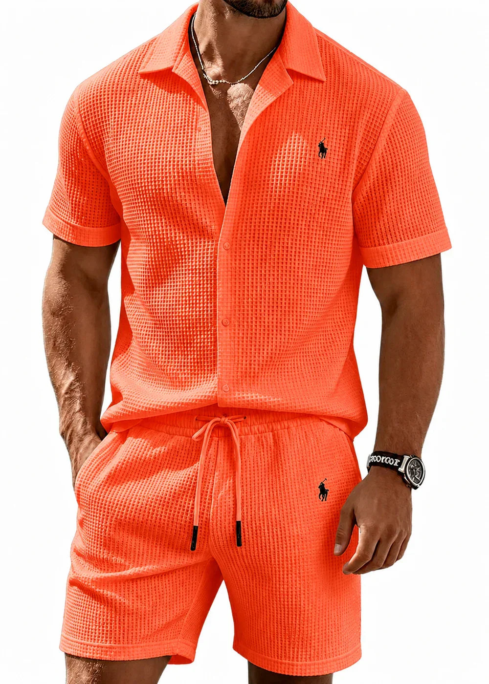 🔥 Men’s Waffle Textured Open Collar Shirt & Drawstring Shorts 2 Piece Set!