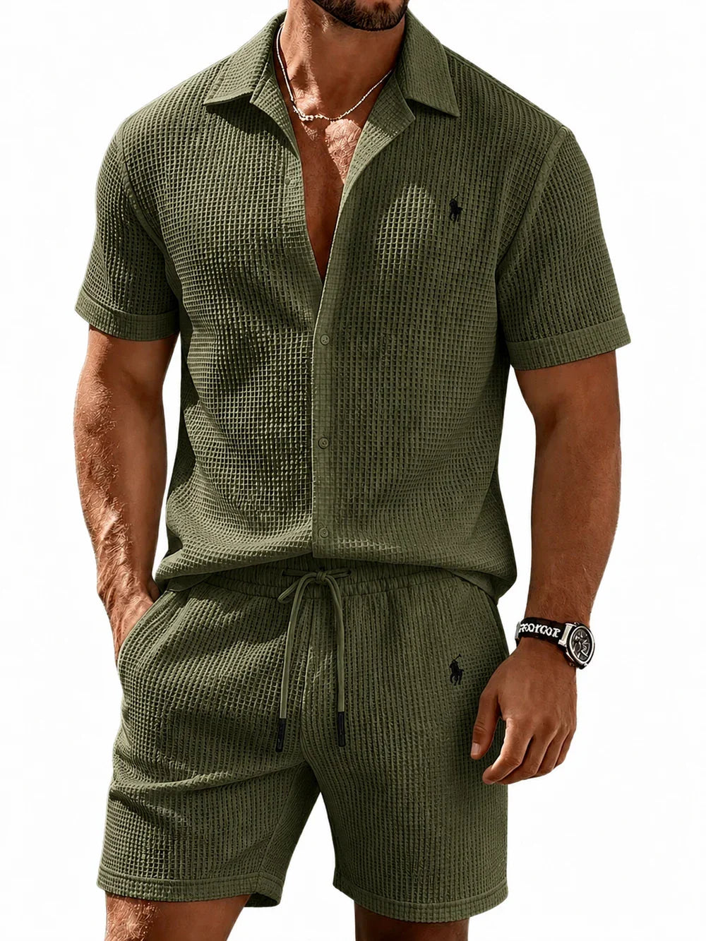 🔥 Men’s Waffle Textured Open Collar Shirt & Drawstring Shorts 2 Piece Set!