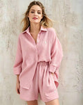 Women Linen Shirt &amp; Drawstring Shorts 2-Piece Co-Ord Set