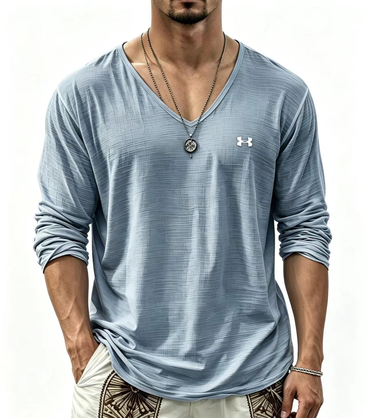 Men's V‑Neck Long Sleeve Casual T‑Shirt