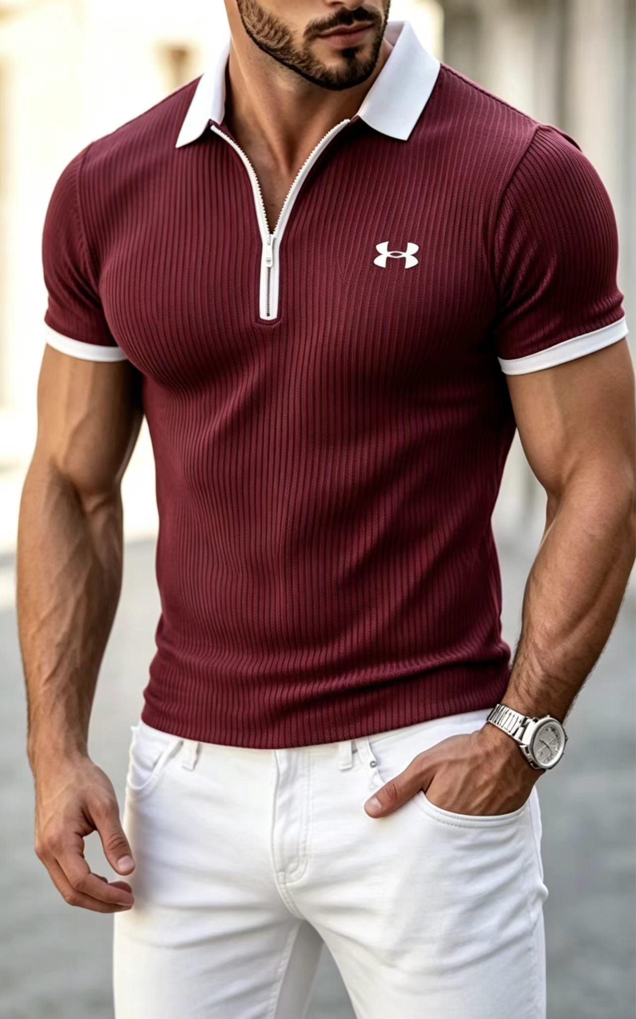 Men Half Zip Ribbed Polo Shirt