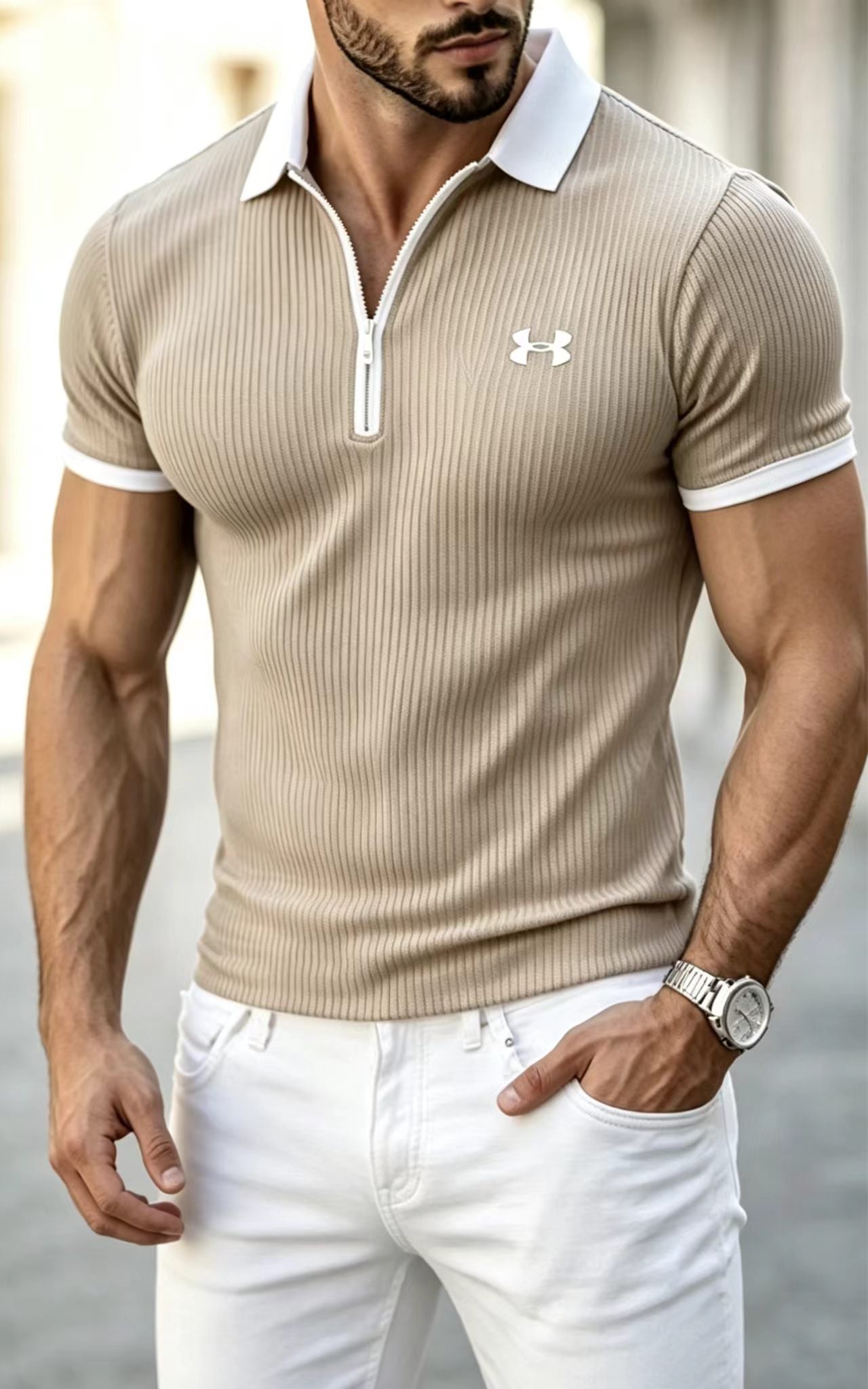 Men Half Zip Ribbed Polo Shirt