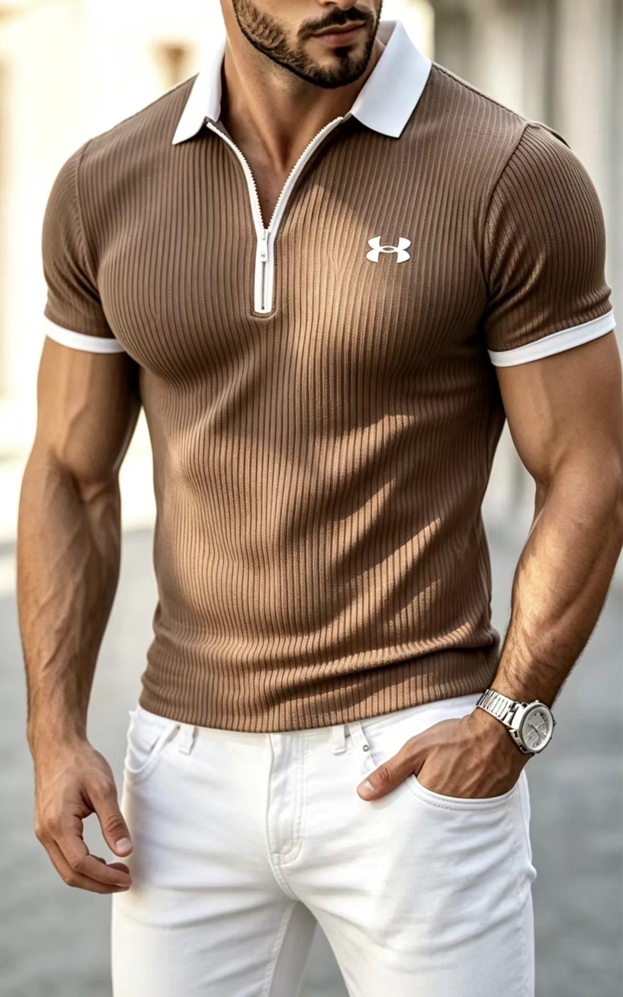 Men Half Zip Ribbed Polo Shirt