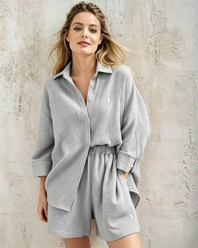 Women Linen Shirt &amp; Drawstring Shorts 2-Piece Co-Ord Set