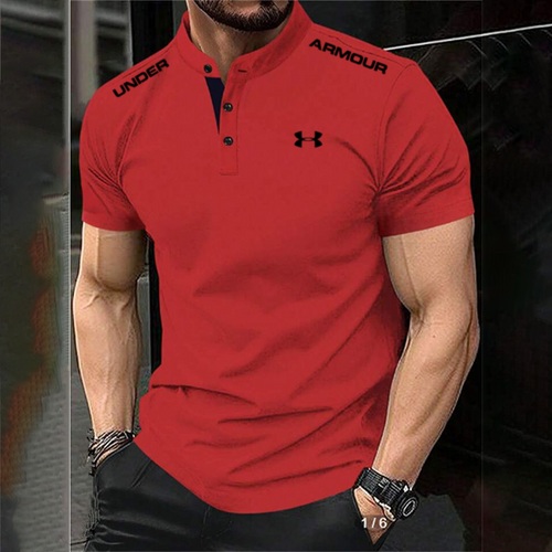 Elastic Slim Fit Cotton Polo Shirts Men Stand Collar Daily Sports Wear