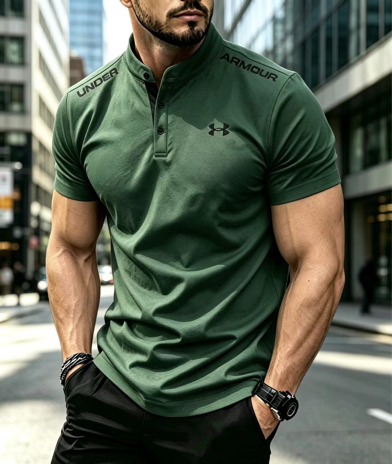 Elastic Slim Fit Cotton Polo Shirts Men Stand Collar Daily Sports Wear