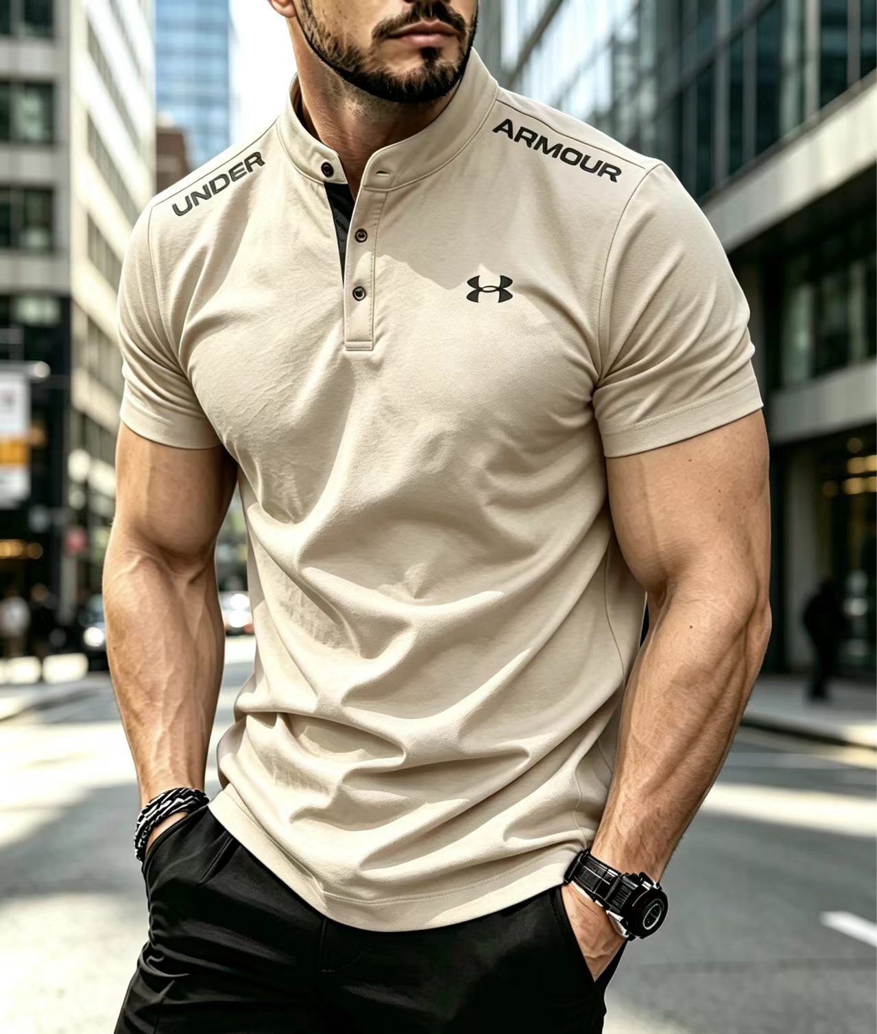 Elastic Slim Fit Cotton Polo Shirts Men Stand Collar Daily Sports Wear