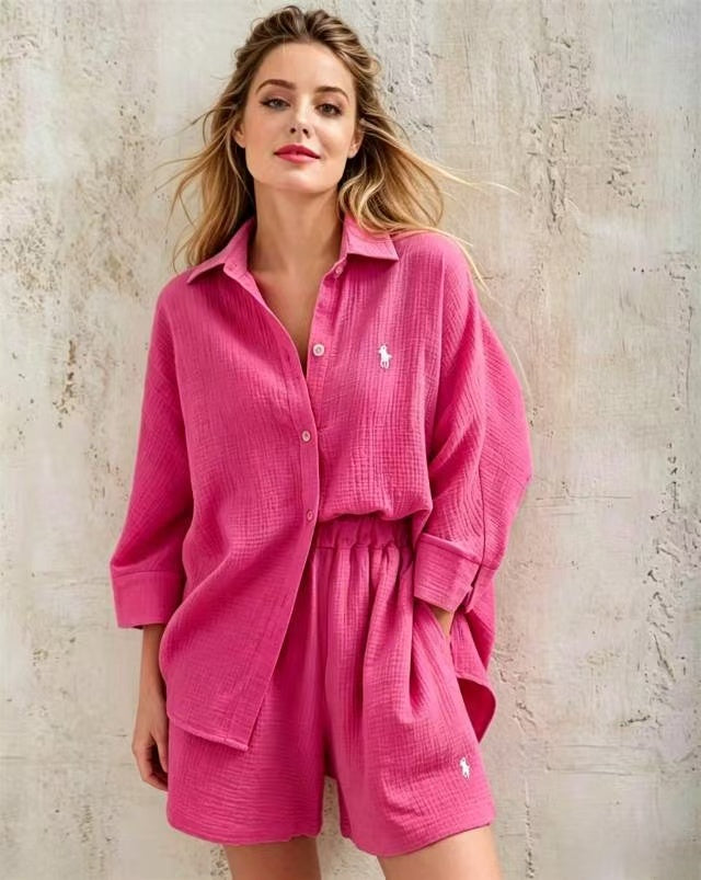 Women Linen Shirt &amp; Drawstring Shorts 2-Piece Co-Ord Set