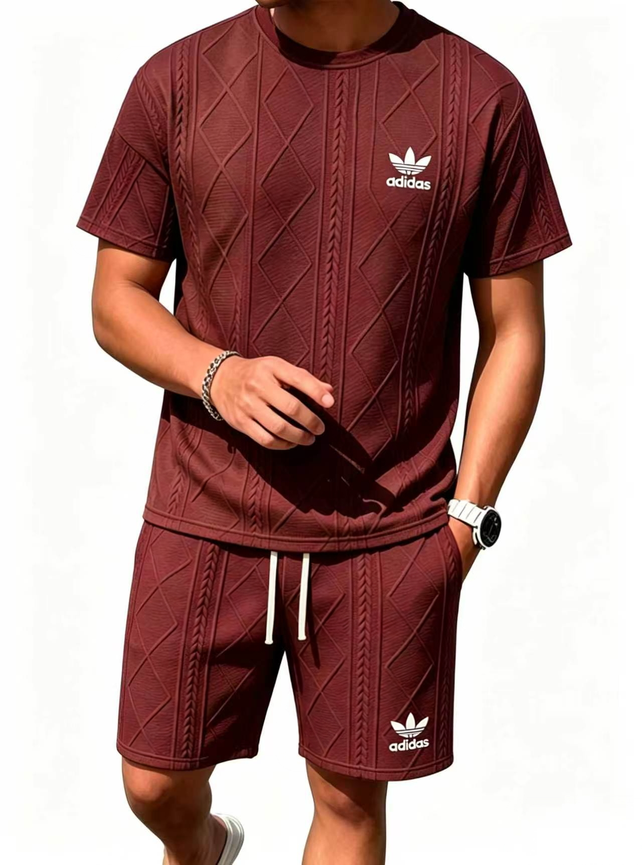 Adidas Trefoil Textured Short Sleeve & Short 2 Piece Tracksuit