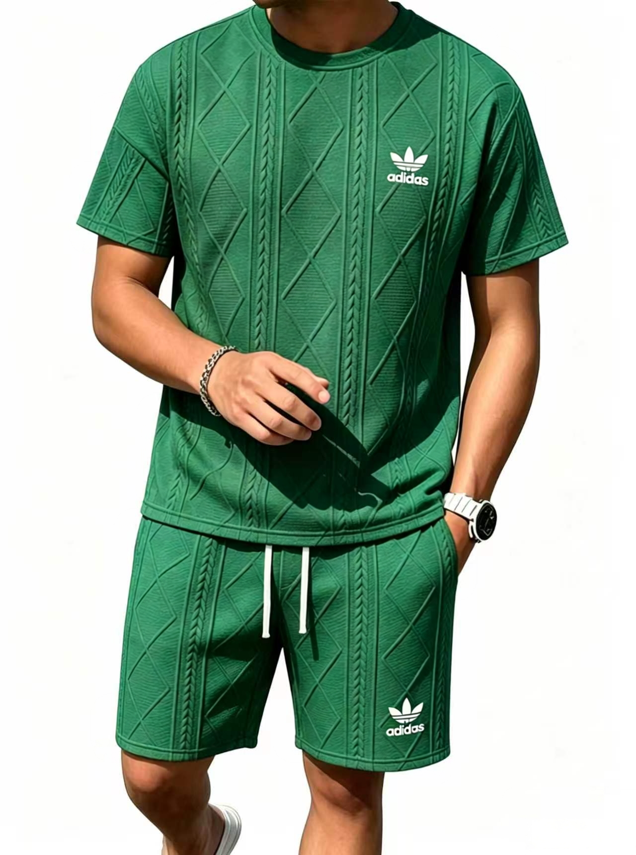 Adidas Trefoil Textured Short Sleeve & Short 2 Piece Tracksuit
