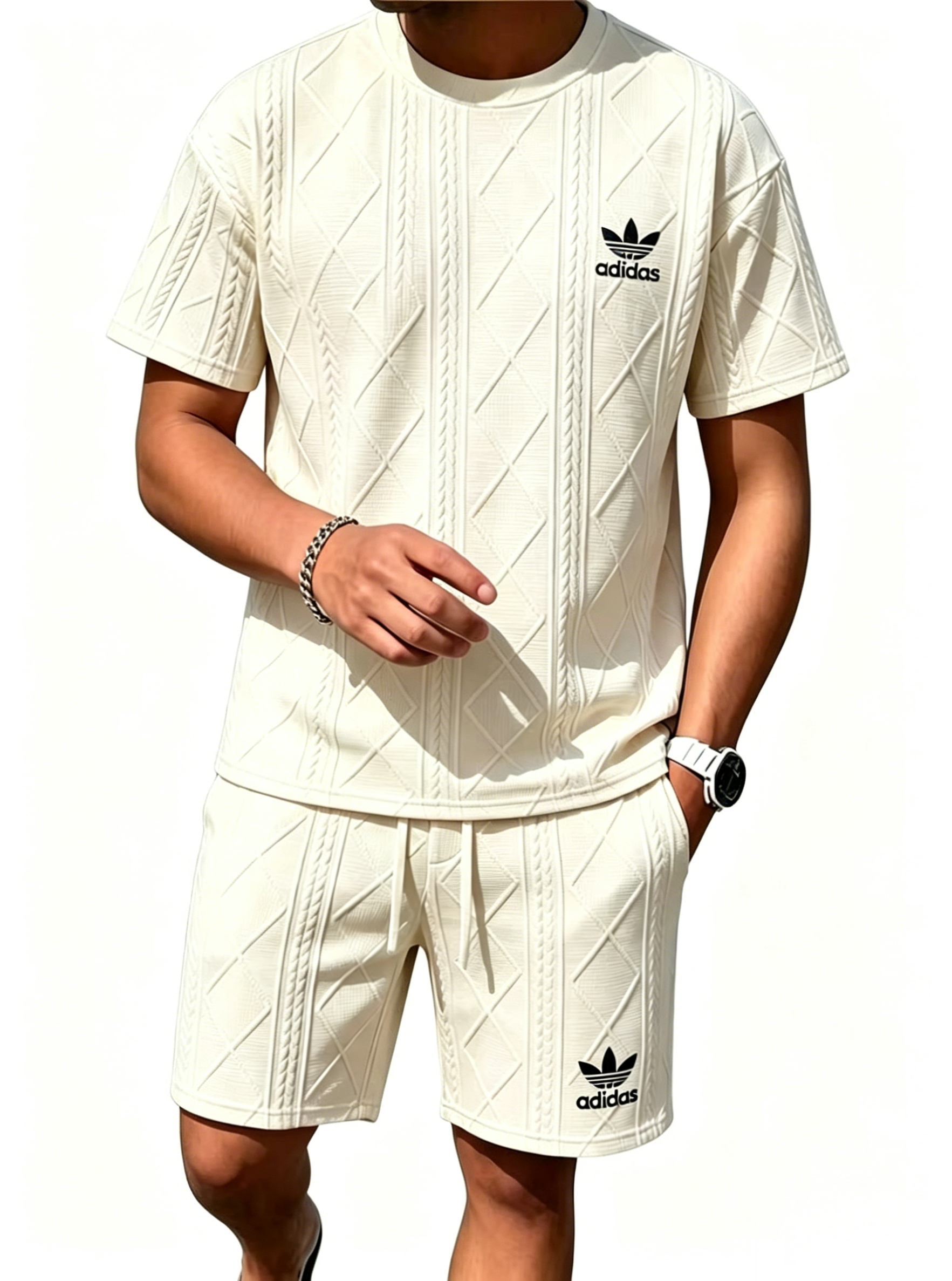 Adidas Trefoil Textured Short Sleeve & Short 2 Piece Tracksuit
