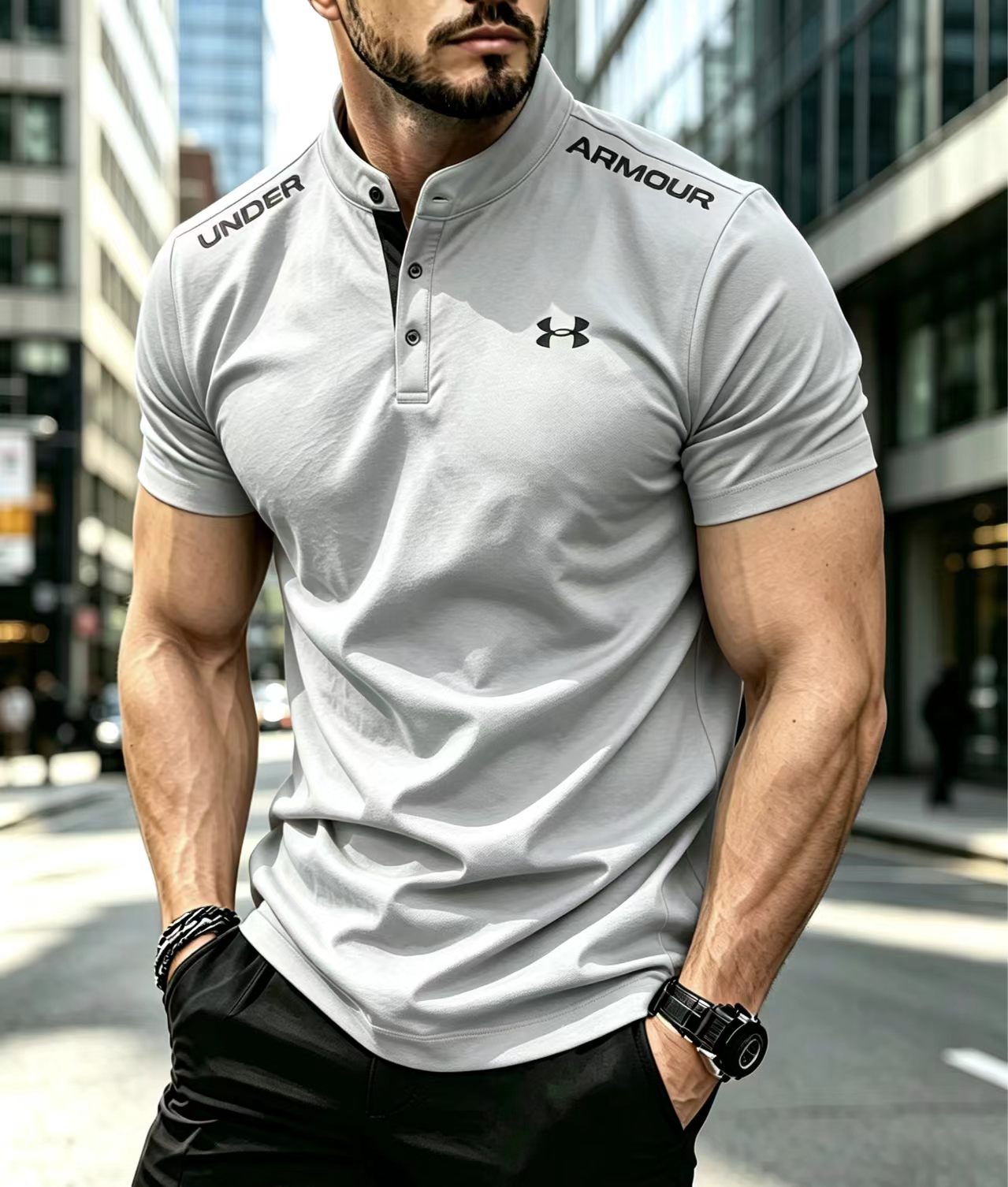 Elastic Slim Fit Cotton Polo Shirts Men Stand Collar Daily Sports Wear