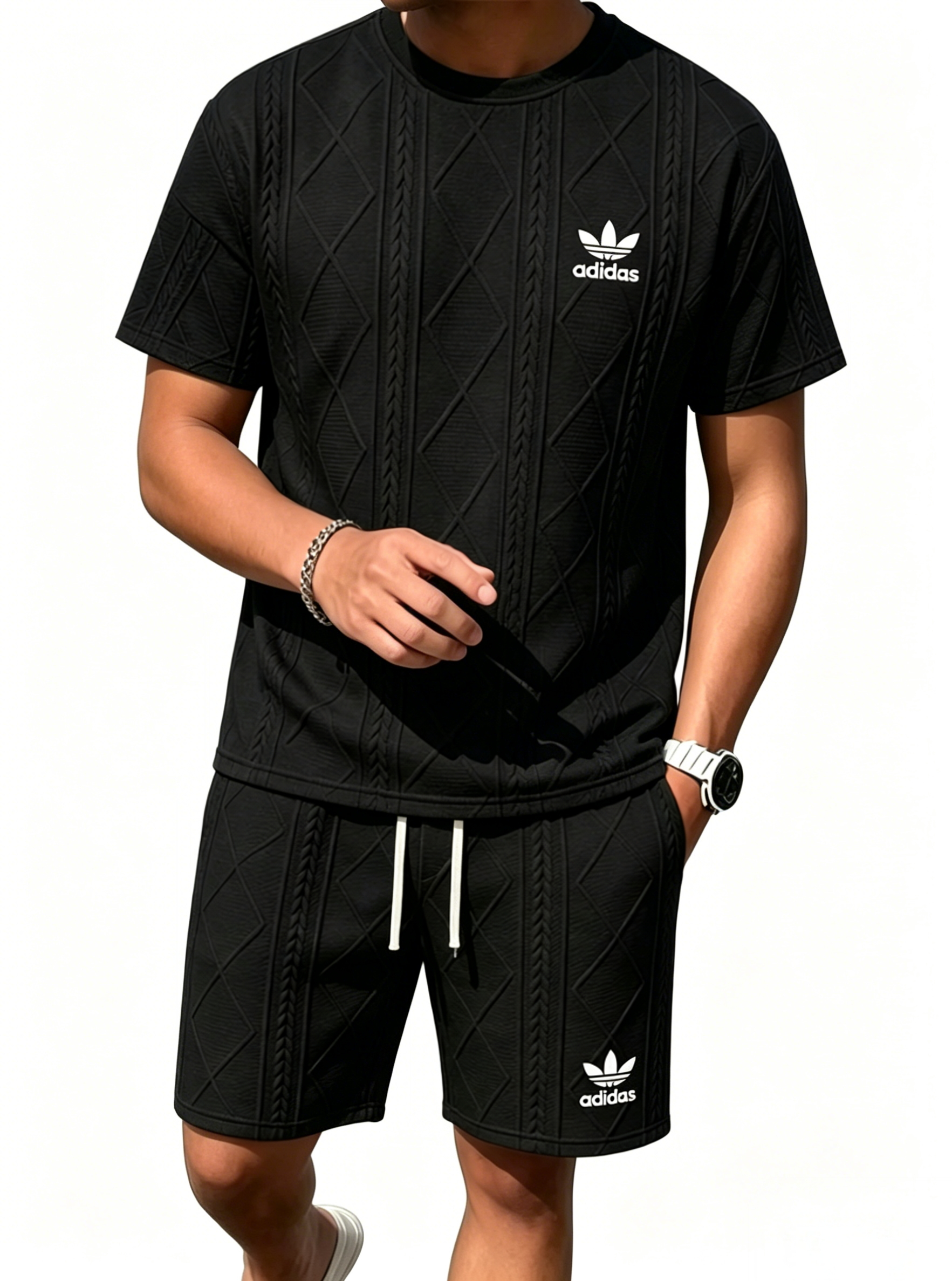 Adidas Trefoil Textured Short Sleeve & Short 2 Piece Tracksuit