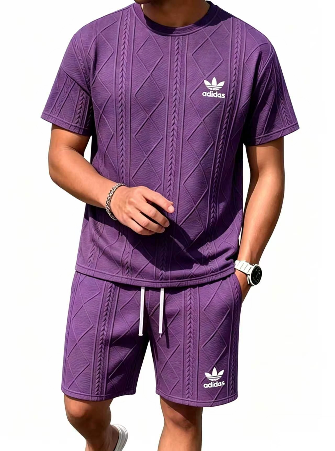 Adidas Trefoil Textured Short Sleeve & Short 2 Piece Tracksuit