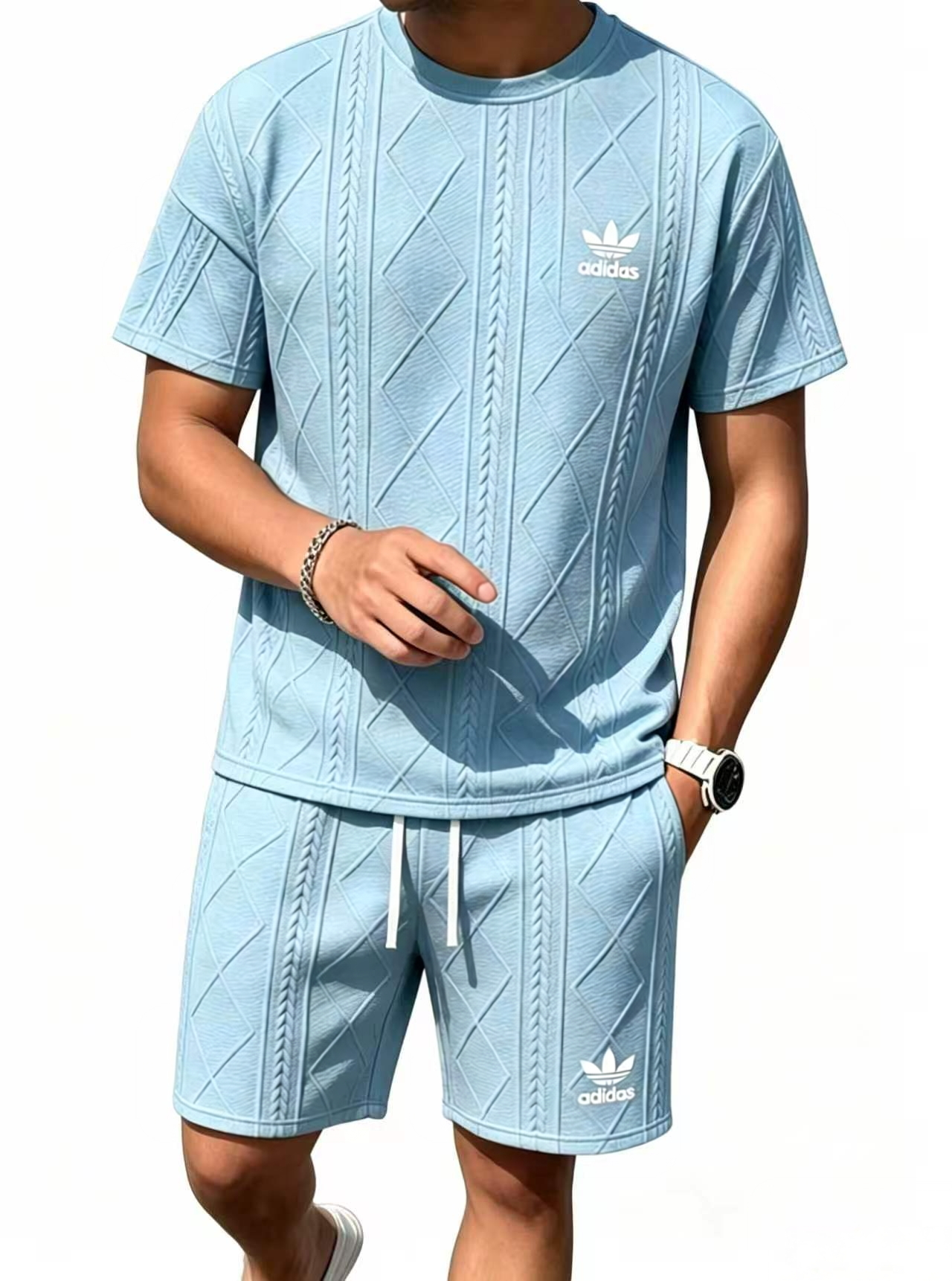 Adidas Trefoil Textured Short Sleeve & Short 2 Piece Tracksuit