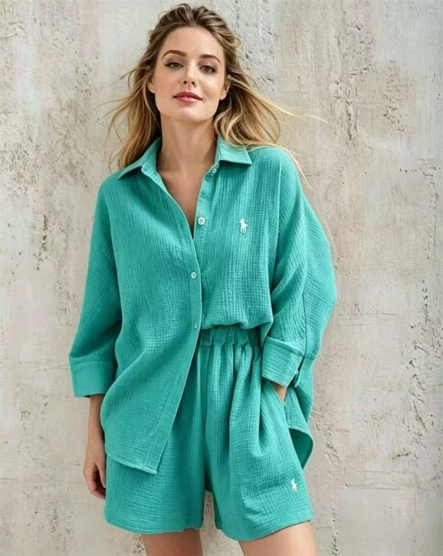 Women Linen Shirt &amp; Drawstring Shorts 2-Piece Co-Ord Set