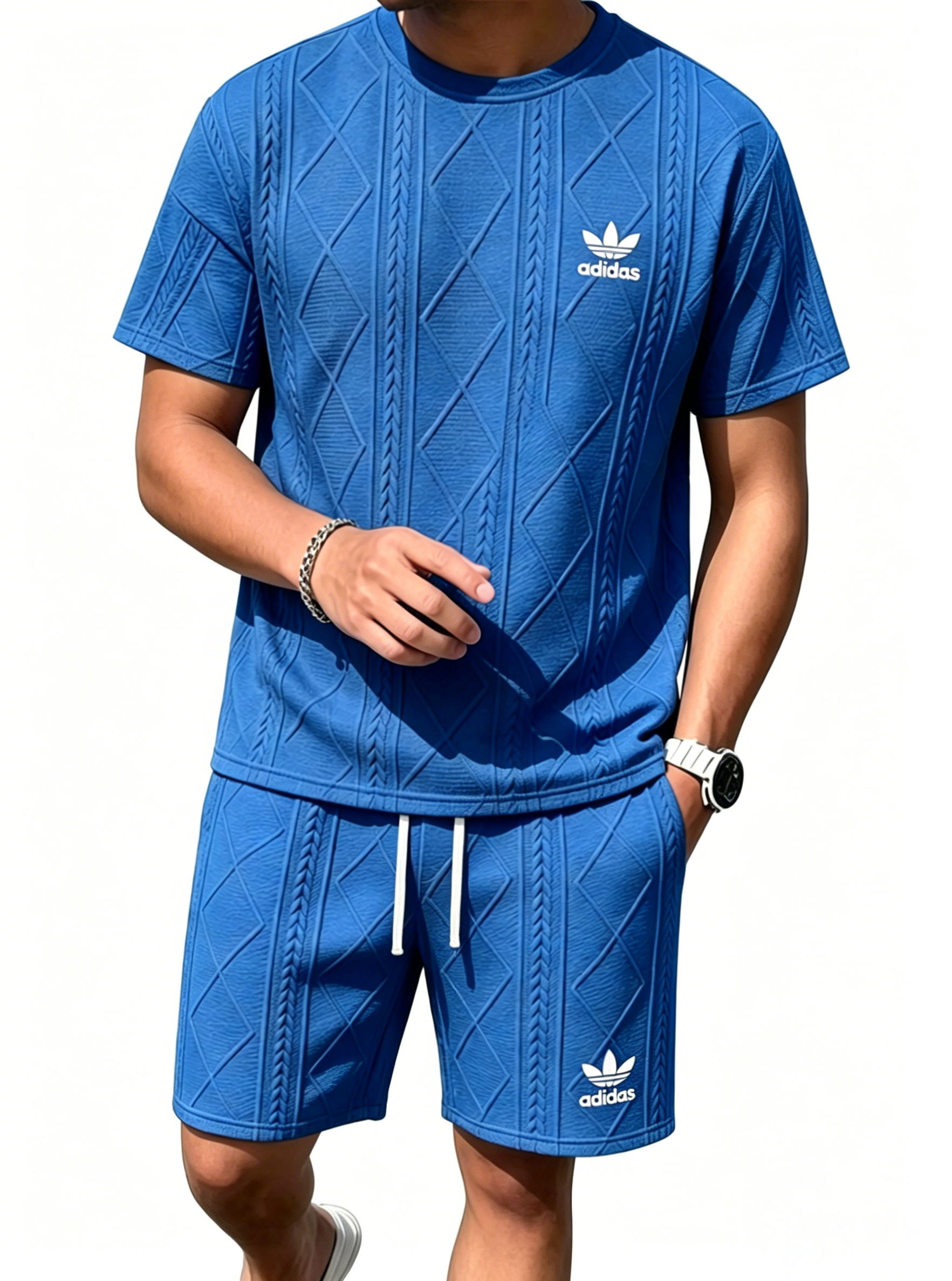 Adidas Trefoil Textured Short Sleeve & Short 2 Piece Tracksuit
