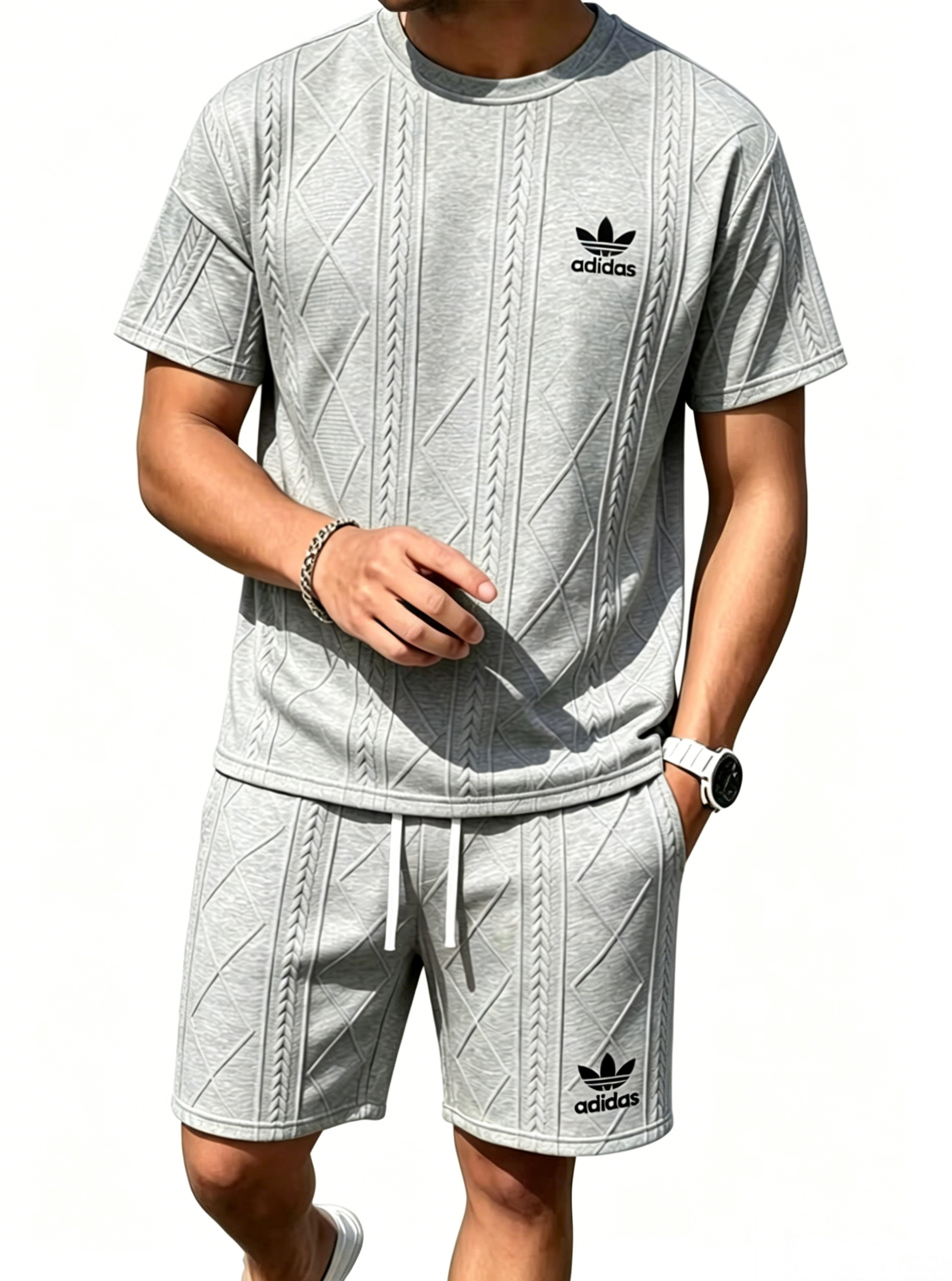 Adidas Trefoil Textured Short Sleeve & Short 2 Piece Tracksuit