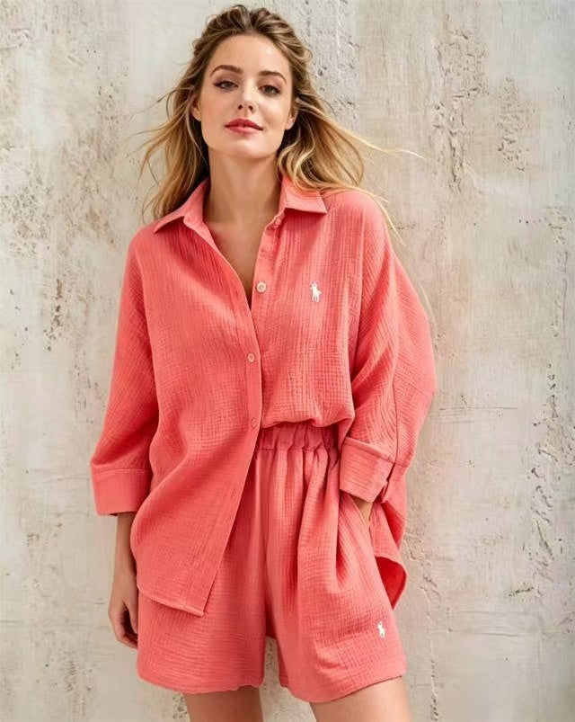 Women Linen Shirt &amp; Drawstring Shorts 2-Piece Co-Ord Set