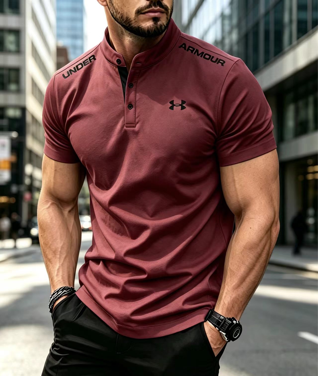 Elastic Slim Fit Cotton Polo Shirts Men Stand Collar Daily Sports Wear